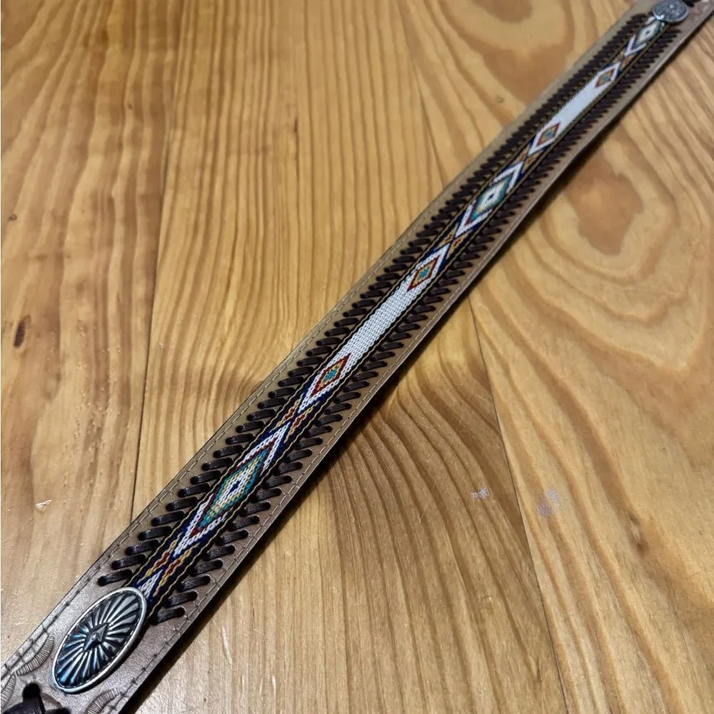 American Indian Belt With Conches Leather Embroidered 47” Total Length